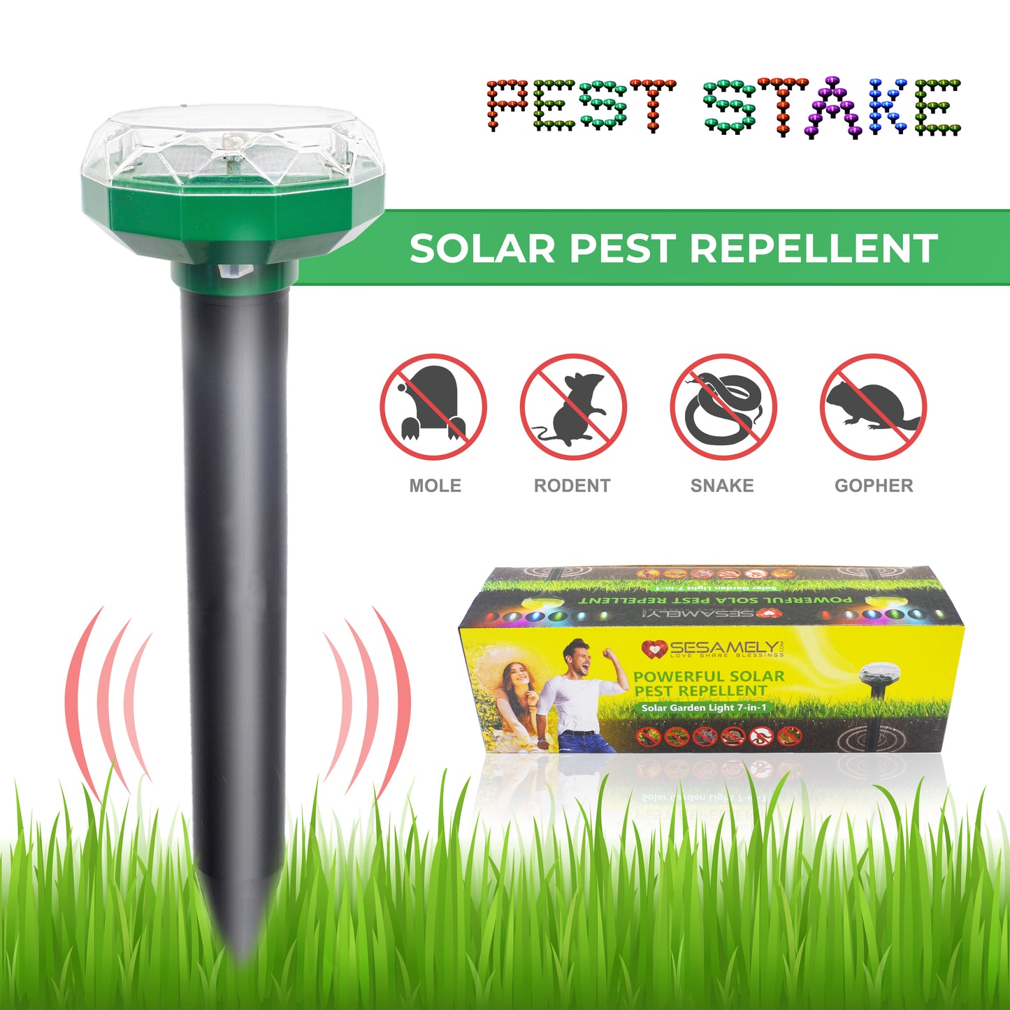 Solar Power Ultrasonic Mouse Mole Snakes Pest Rodent Repeller, Deter Gophers Voles Chipmunks Dears too, With led Light, Sold Singly